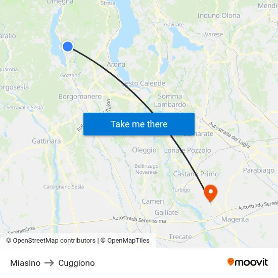 Miasino to Cuggiono map