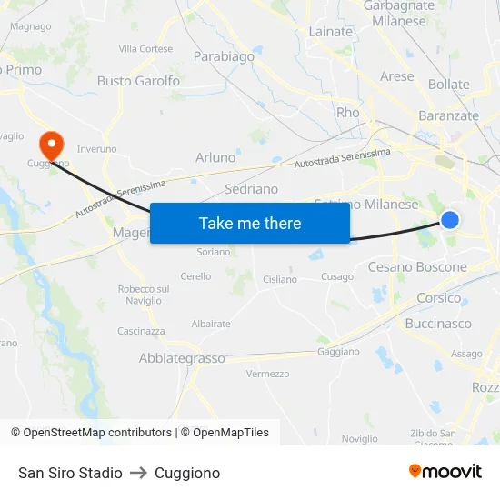 San Siro Stadio to Cuggiono map
