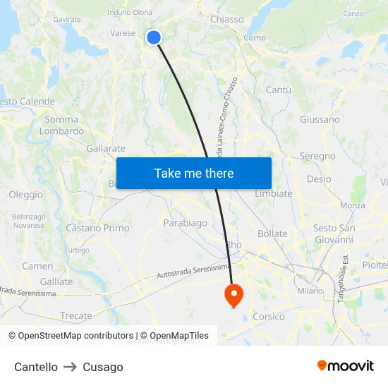 Cantello to Cusago map