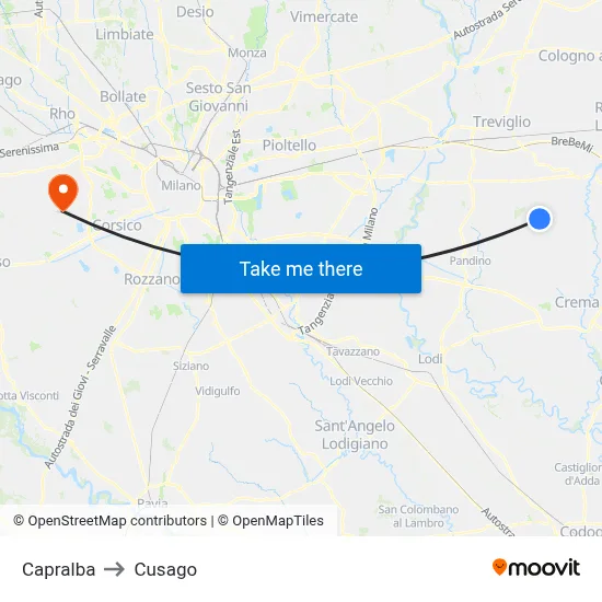 Capralba to Cusago map