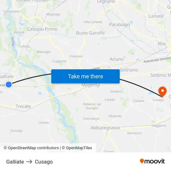 Galliate to Cusago map