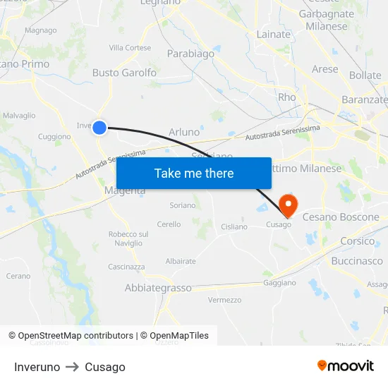 Inveruno to Cusago map