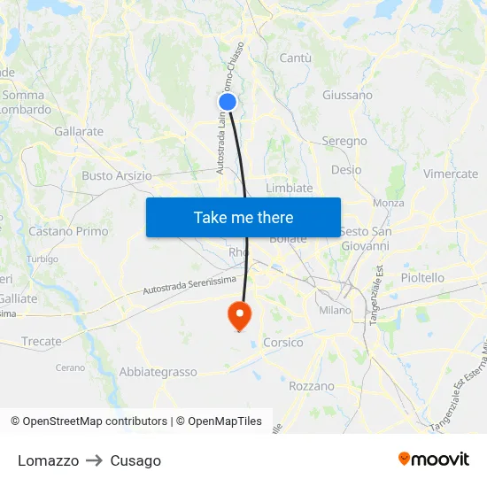 Lomazzo to Cusago map