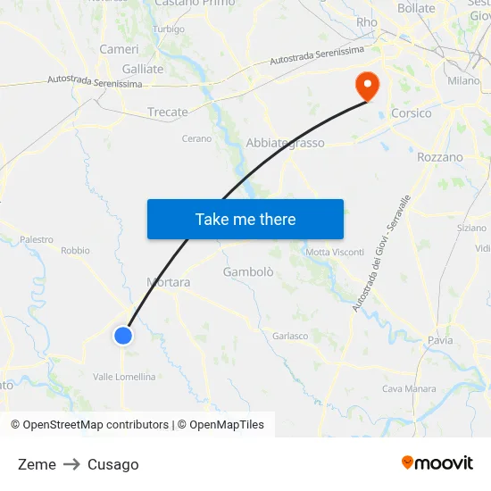 Zeme to Cusago map