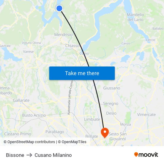Bissone to Cusano Milanino map