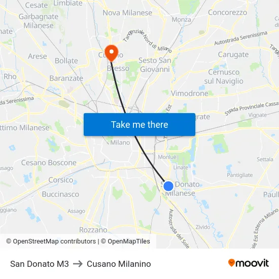 San Donato M3 to Cusano Milanino map