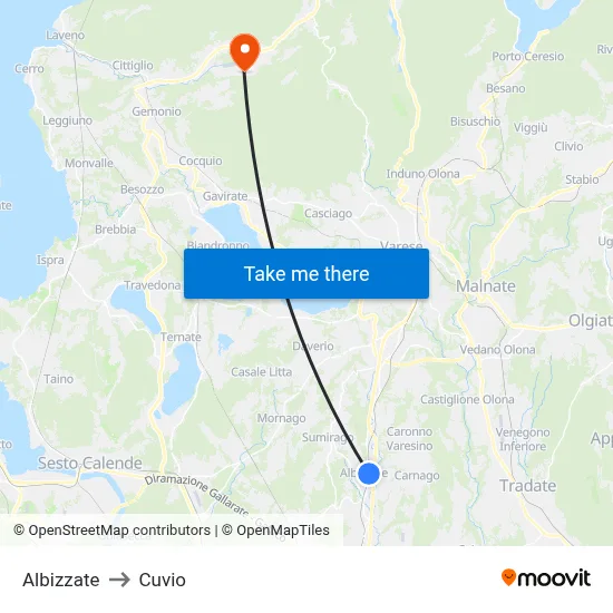 Albizzate to Cuvio map