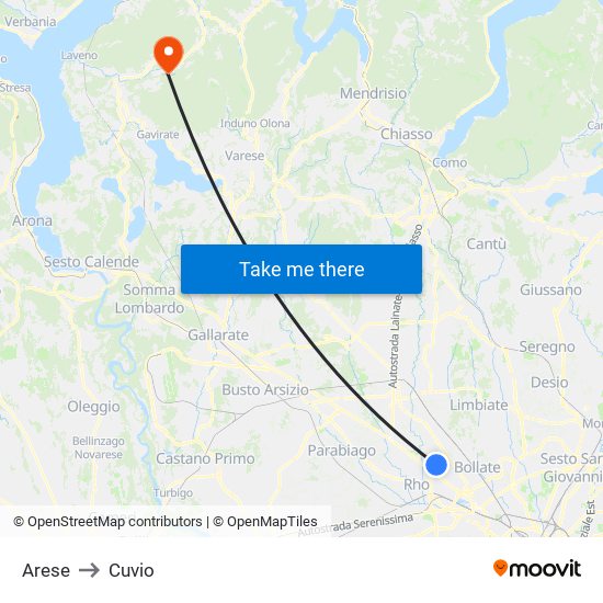 Arese to Cuvio map