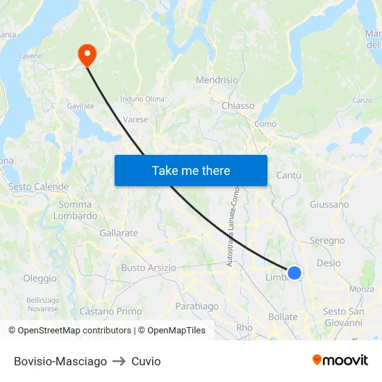 Bovisio-Masciago to Cuvio map