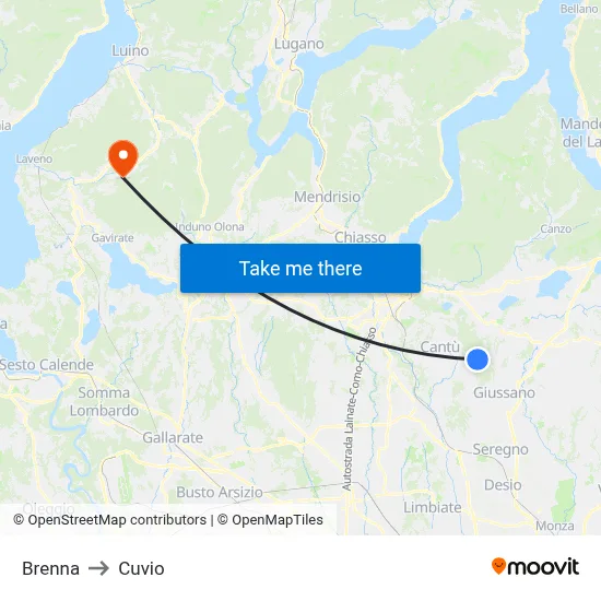 Brenna to Cuvio map