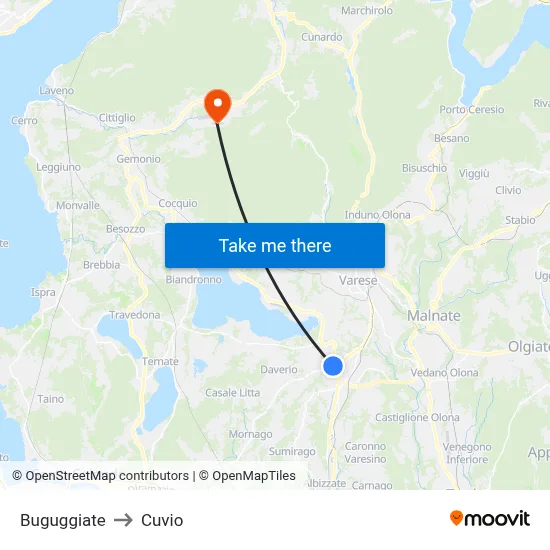 Buguggiate to Cuvio map