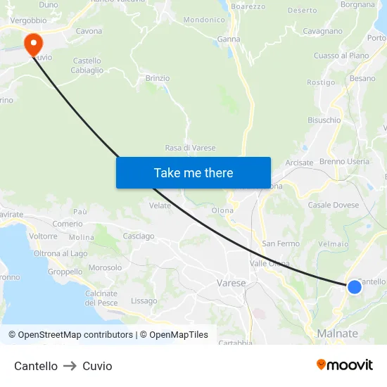 Cantello to Cuvio map