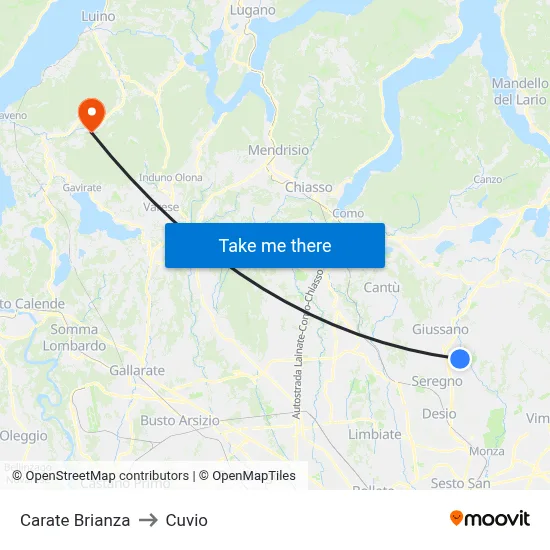 Carate Brianza to Cuvio map