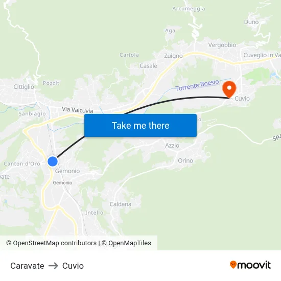 Caravate to Cuvio map