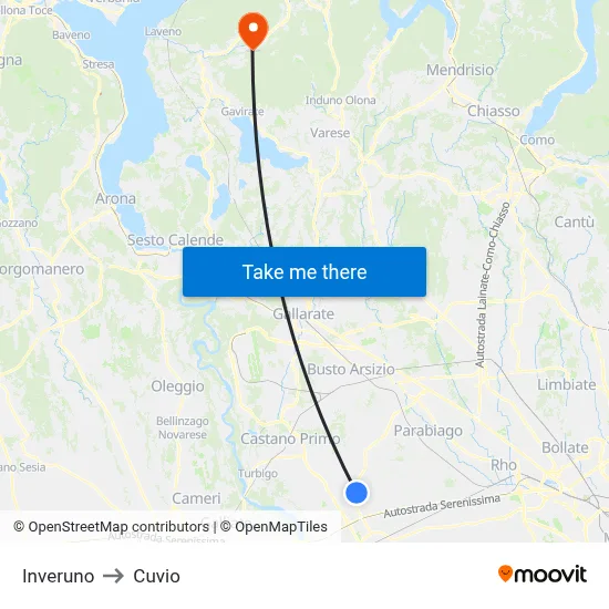 Inveruno to Cuvio map