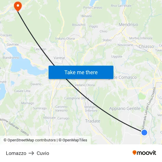 Lomazzo to Cuvio map