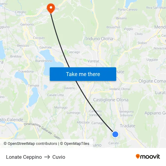 Lonate Ceppino to Cuvio map