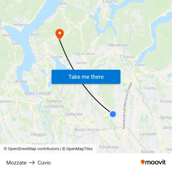 Mozzate to Cuvio map
