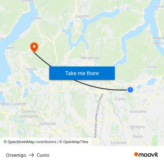 Orsenigo to Cuvio map