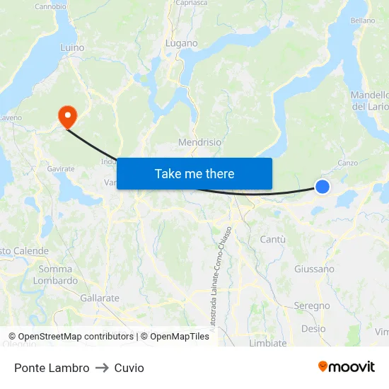 Ponte Lambro to Cuvio map