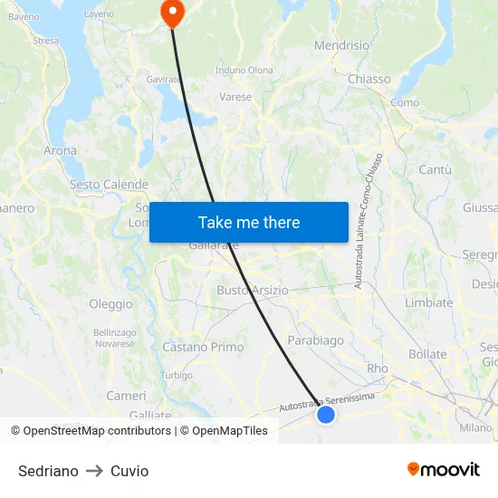 Sedriano to Cuvio map