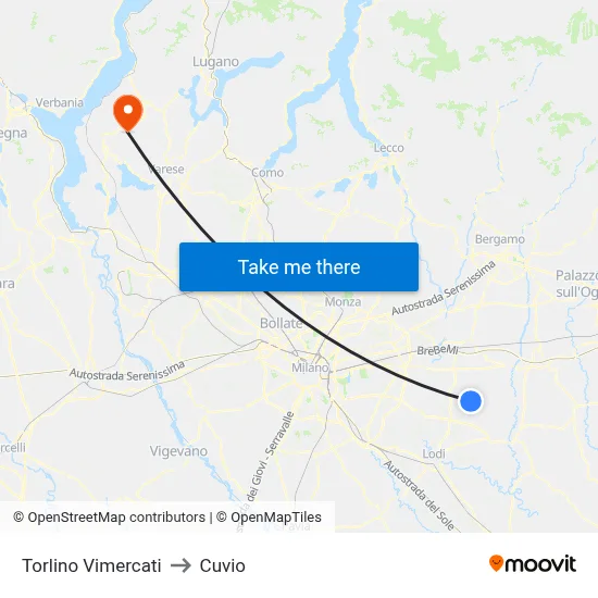 Torlino Vimercati to Cuvio map