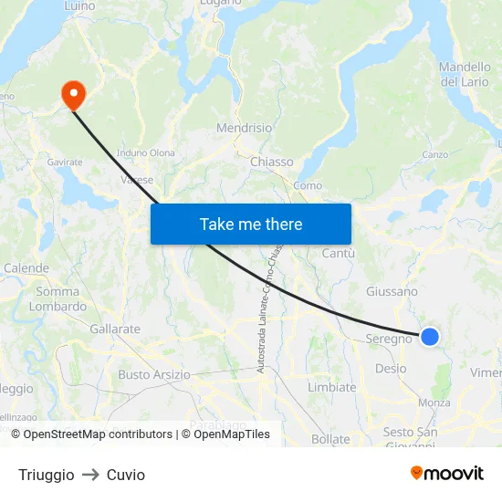 Triuggio to Cuvio map