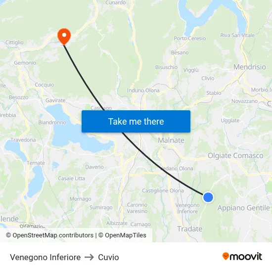 Venegono Inferiore to Cuvio map