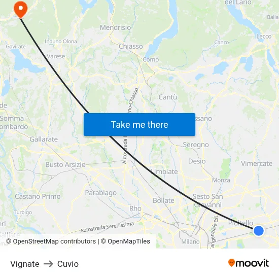 Vignate to Cuvio map