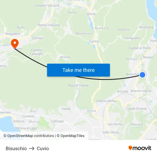 Bisuschio to Cuvio map