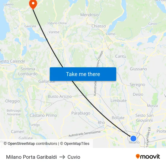 Milano Porta Garibaldi to Cuvio map