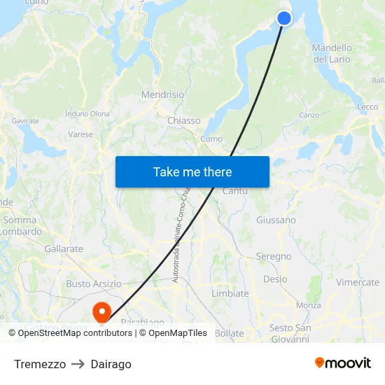 Tremezzo to Dairago map