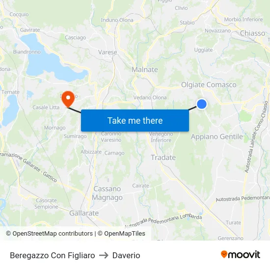 Beregazzo con Figliaro to Daverio map