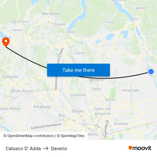 Calusco d'Adda to Daverio map