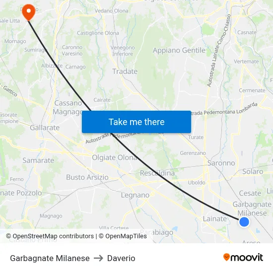 Garbagnate Milanese to Daverio map