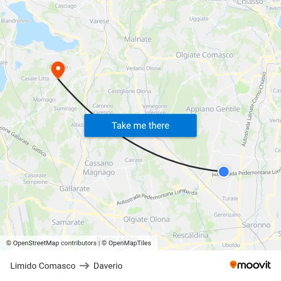 Limido Comasco to Daverio map