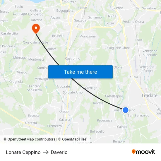 Lonate Ceppino to Daverio map