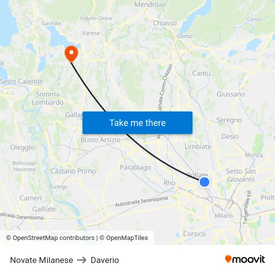 Novate Milanese to Daverio map