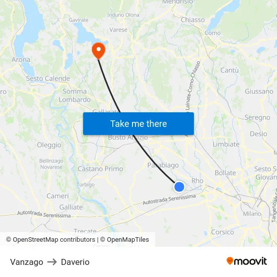 Vanzago to Daverio map