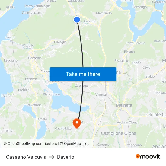 Cassano Valcuvia to Daverio map