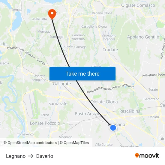 Legnano to Daverio map