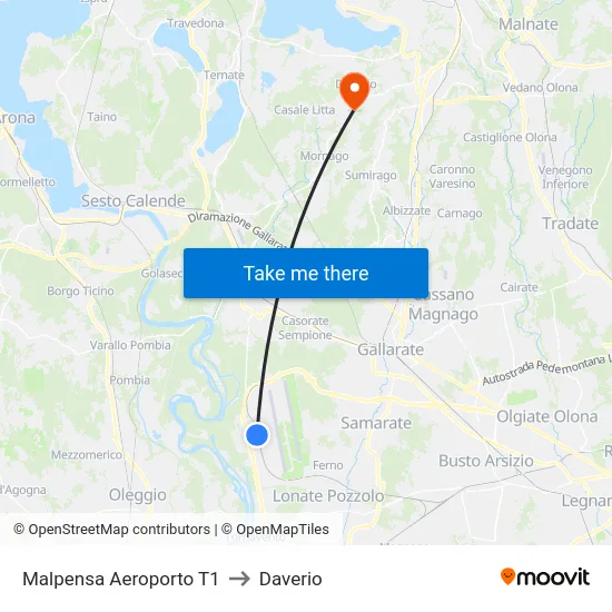 Malpensa Aeroporto T1 to Daverio map