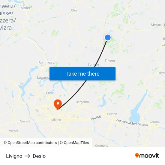 Livigno to Desio map