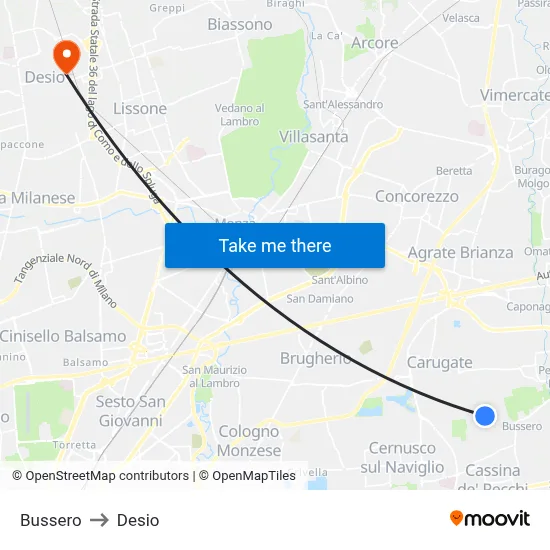 Bussero to Desio map