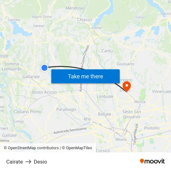 Cairate to Desio map