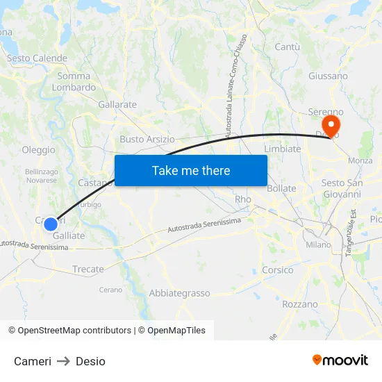 Cameri to Desio map