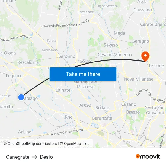 Canegrate to Desio map