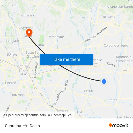 Capralba to Desio map