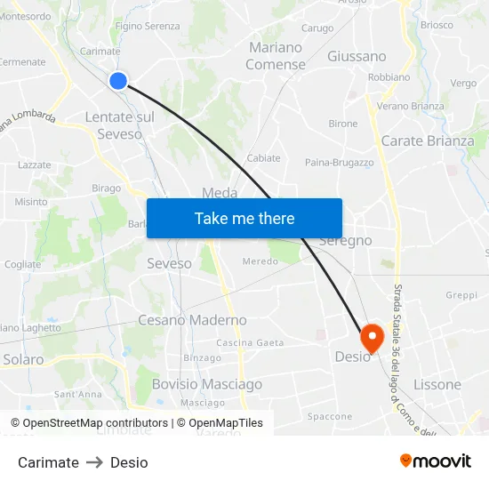 Carimate to Desio map