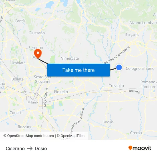 Ciserano to Desio map